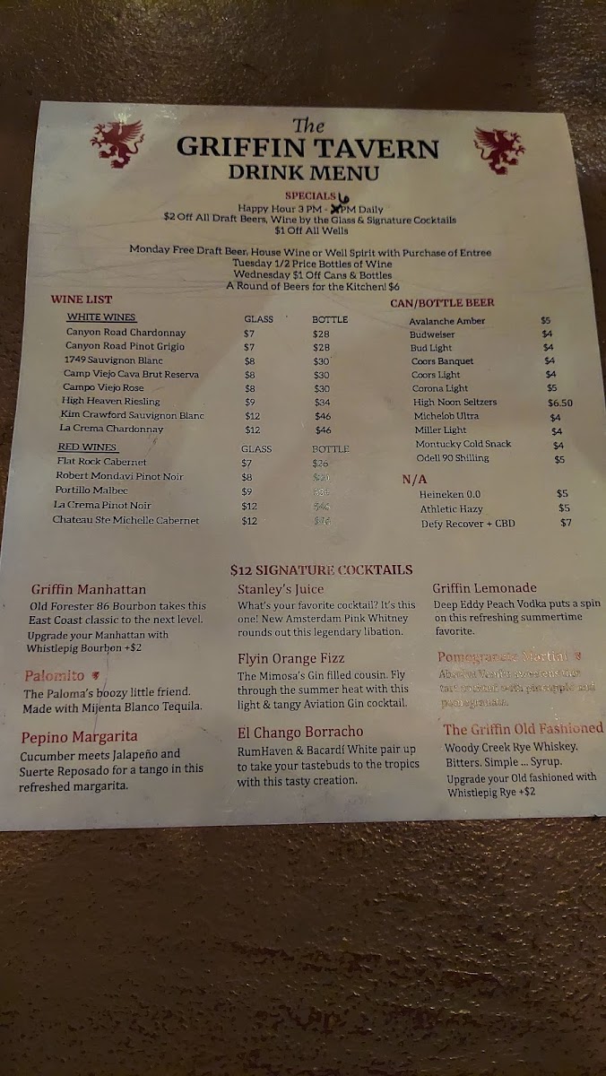 Griffin Tavern Menu - Image 1